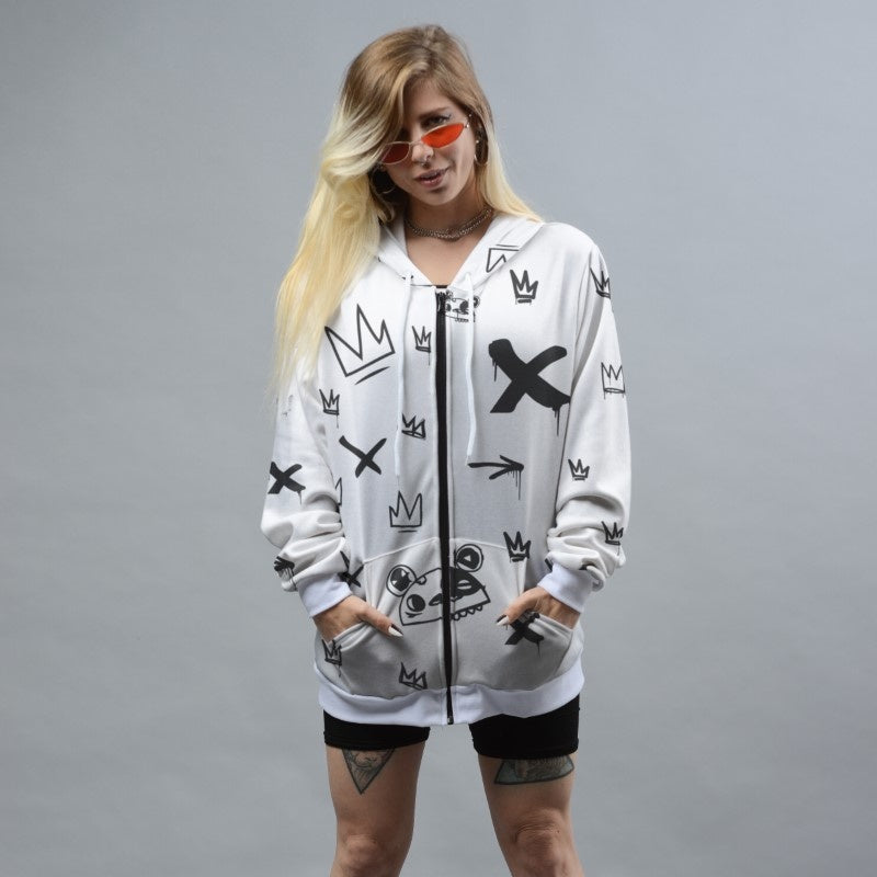 Kings Pattern White Zip Up Hoodie