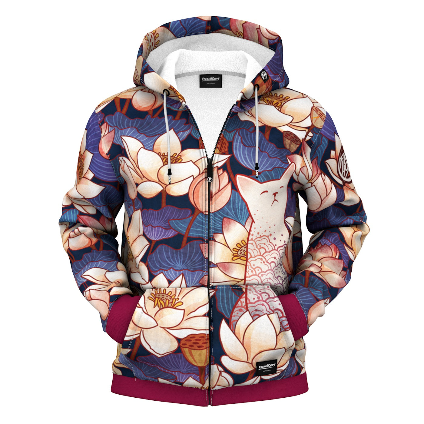 White Cut Lotus Zip Up Hoodie