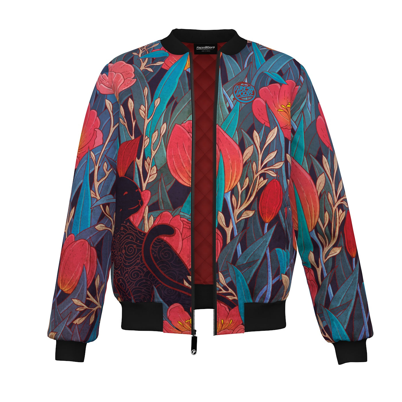 Black Cat Tulips Bomber Jacket