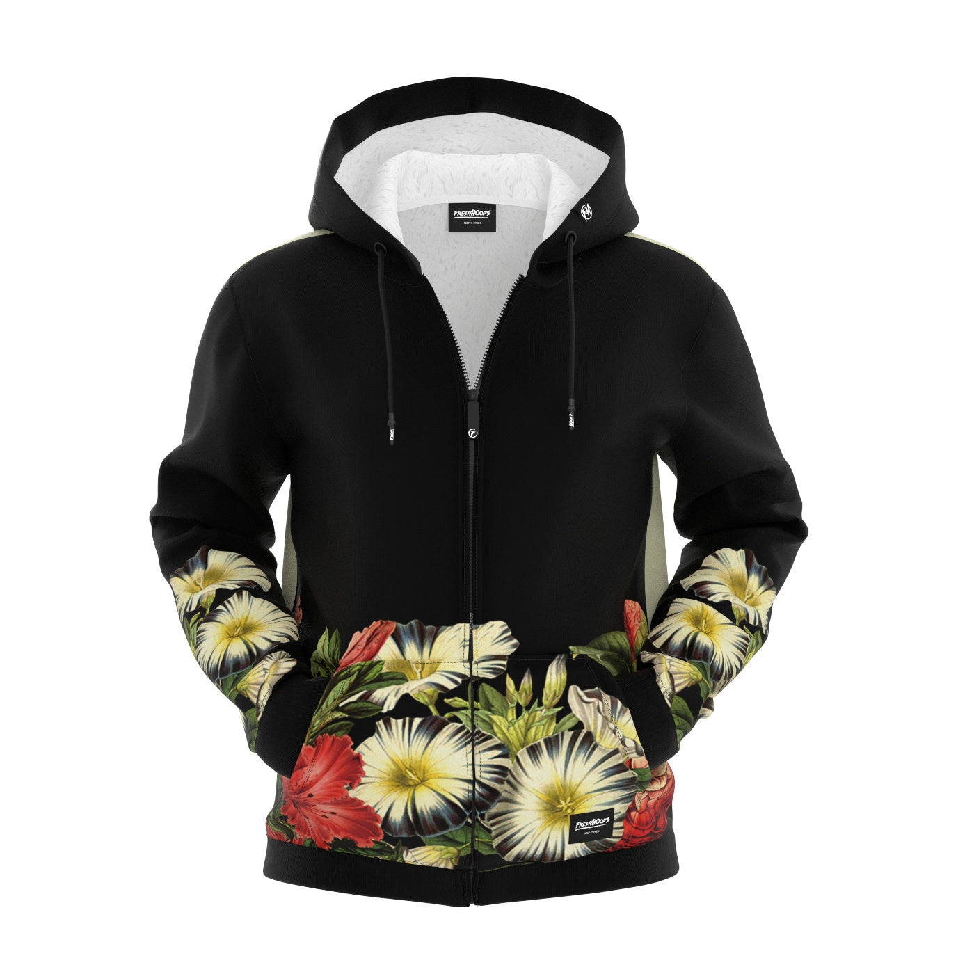 Black Cat Vintage Flowers Zip Up Hoodie