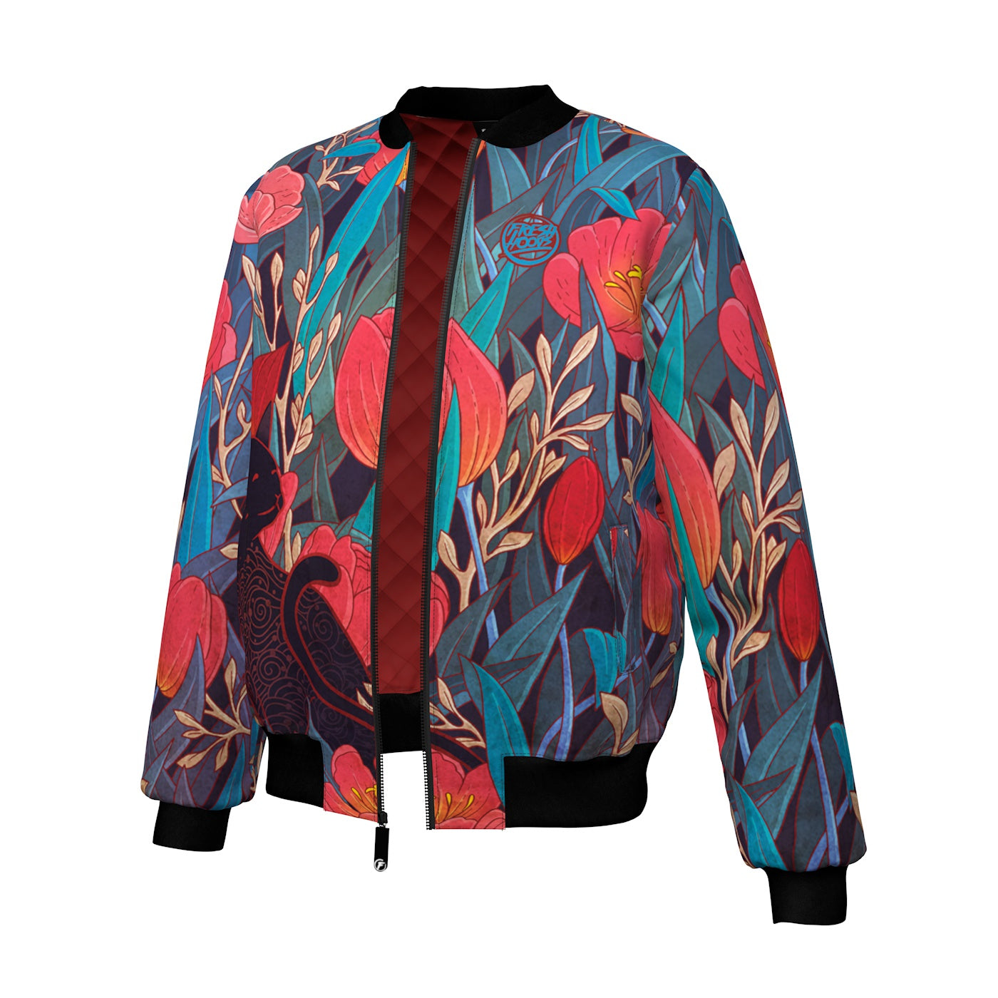 Black Cat Tulips Bomber Jacket